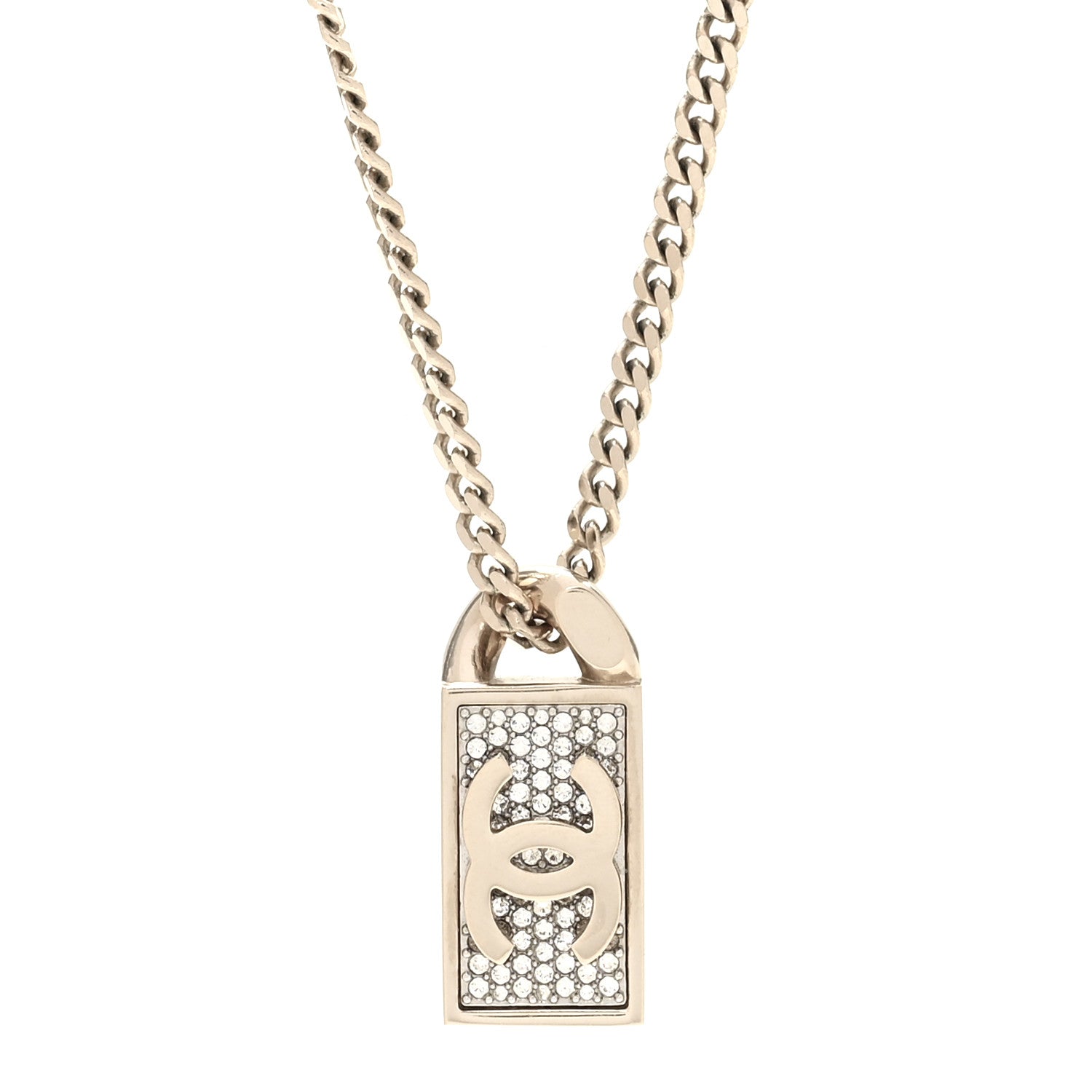 Chanel Crystal Dog Tag Charm Necklace Gold 4 of 6