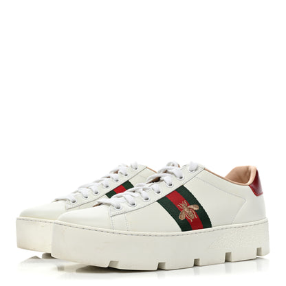 Gucci Calfskin Web Bee Embroidered Womens Ace Platform Sneakers 39 White 3 of 9