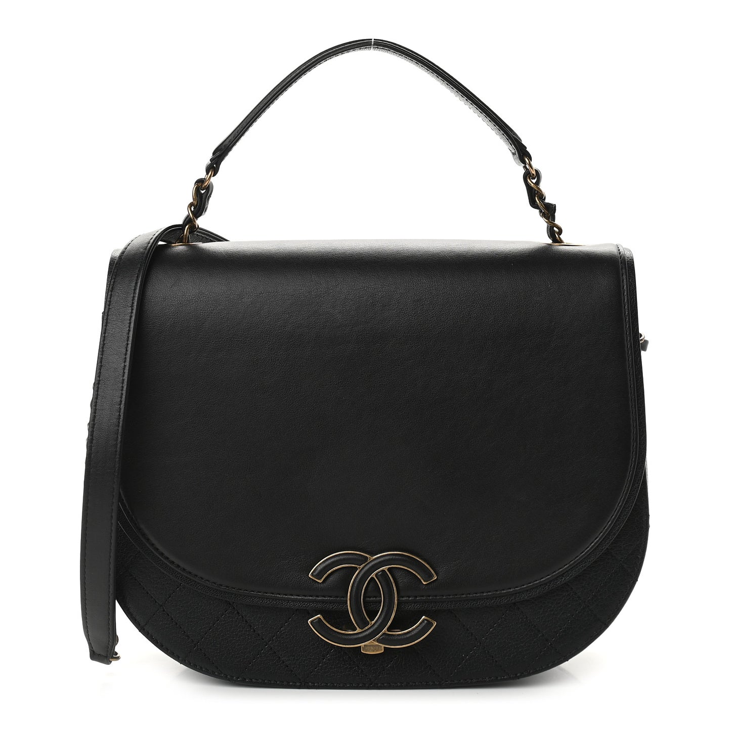 Shiny Calfskin Goatskin Quilted Medium Coco Curve Messenger Flap Black