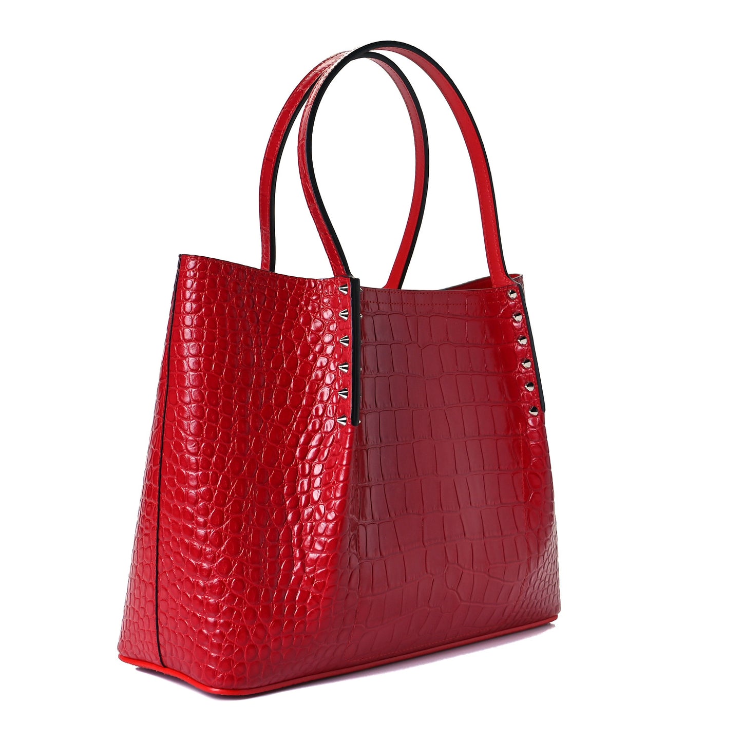 Crocodile Embossed Calfskin Spiked Small Cabarock Shopper Tote Red