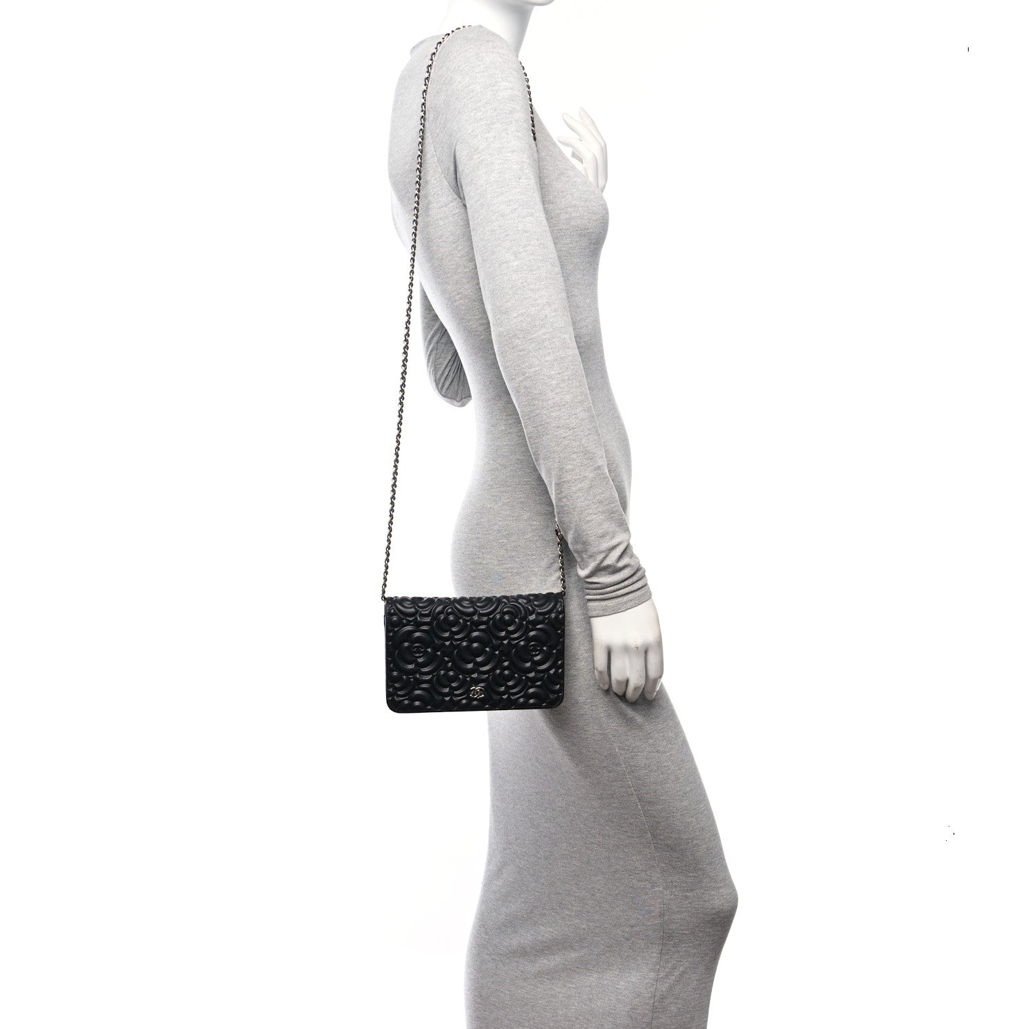 Chanel Lambskin Camellia Embossed Wallet On Chain WOC Black 3 of 16