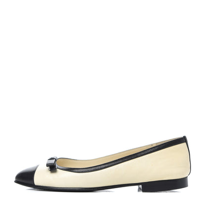 Chanel Goatskin Cap Toe Bow CC Ballerina Flats 36.5 Ivory Black 1 of 24