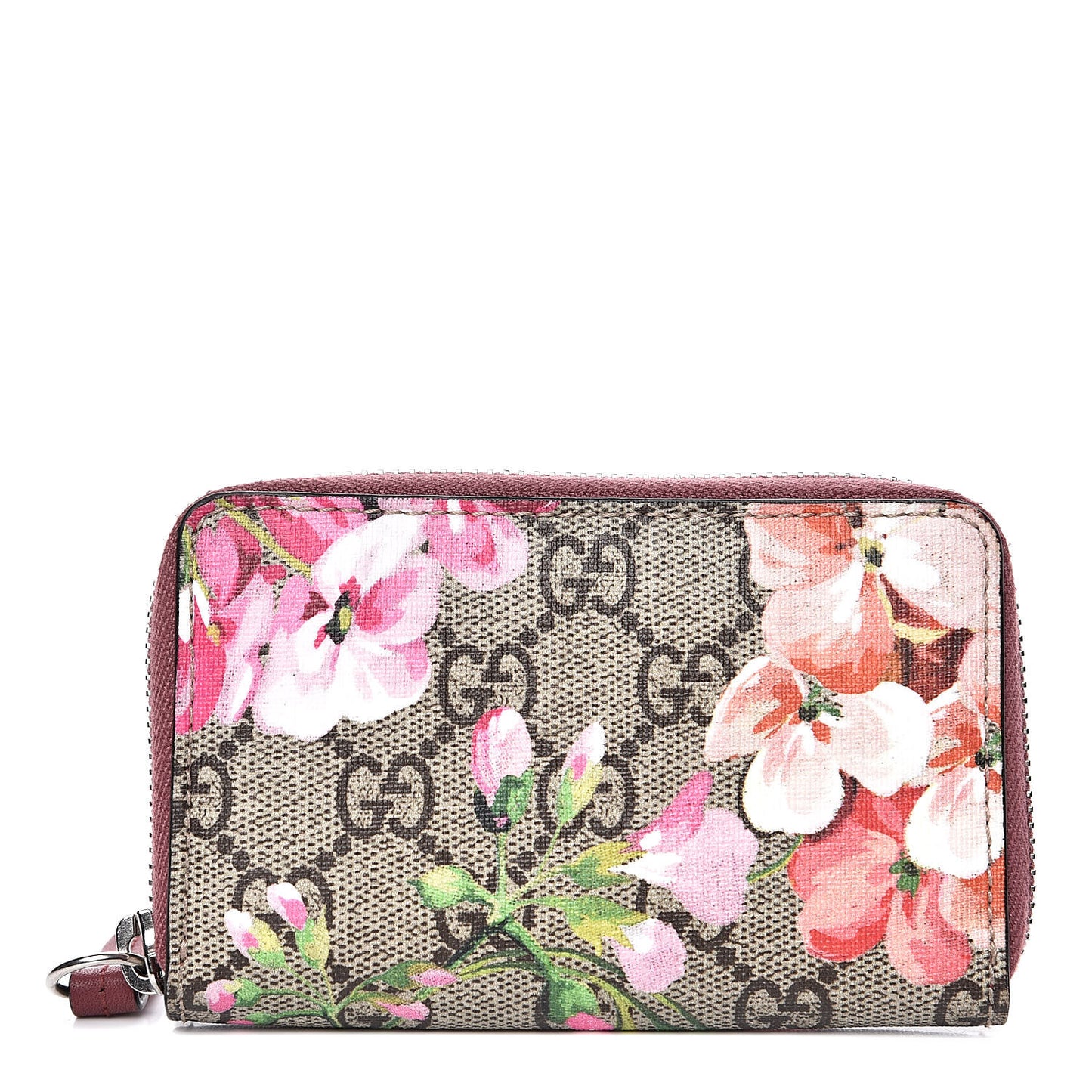 GG Supreme Monogram Blooms Zip Around Card Case Wallet Beige Multicolor Dry Rose