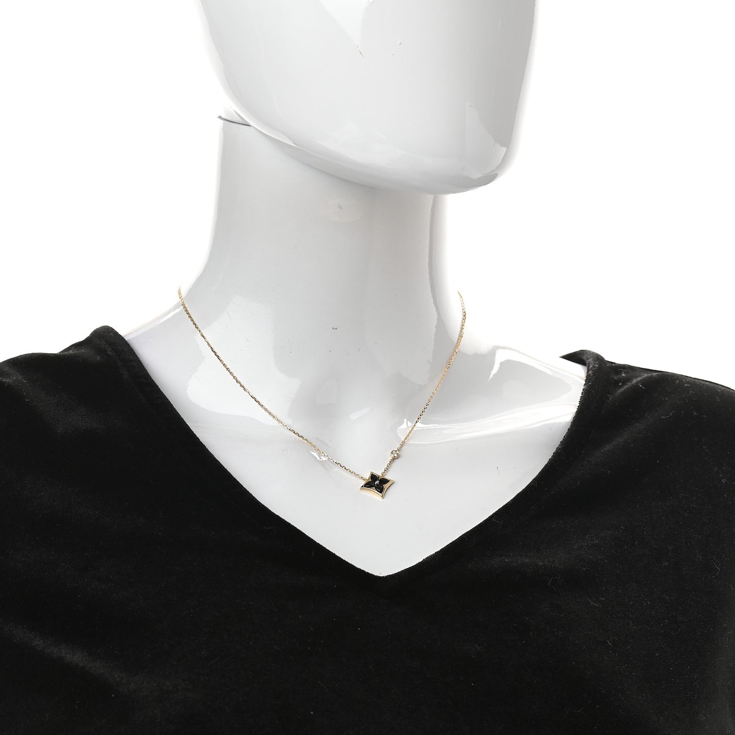 18K Yellow Gold Diamond Black Onyx Color Blossom BB Star Pendant Necklace