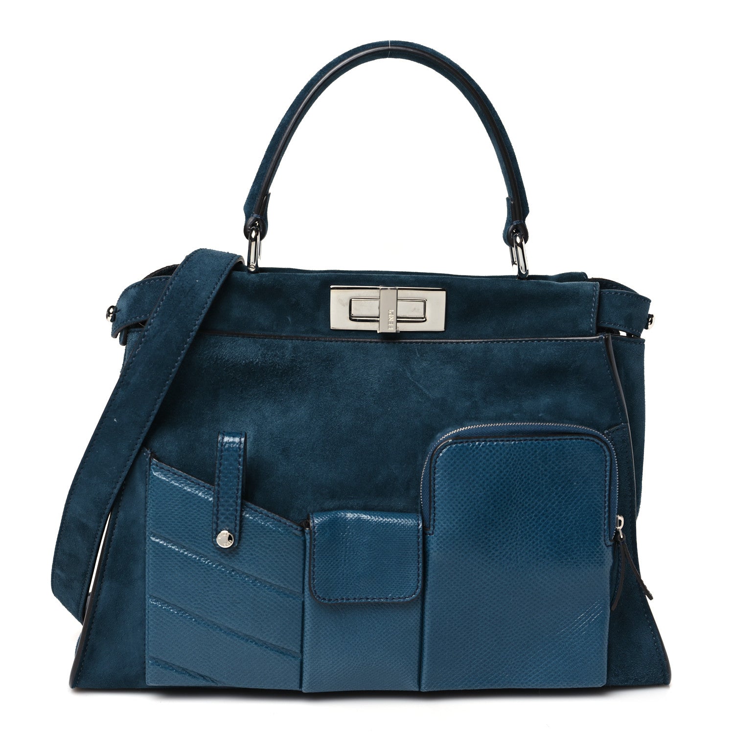 Fendi Chamois Karung Shiny Nappa Medium 3 Pocket Peekaboo Iconic Satchel Cobalto Petrolio 1 of 10