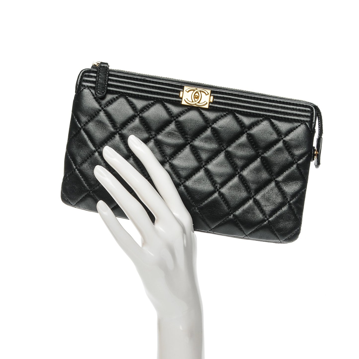 Lambskin Quilted Small Zipped Boy Pouch Black