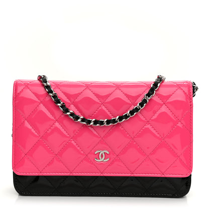 Chanel Patent Quilted Bi-Color Wallet On Chain WOC Pink Black 1 of 9