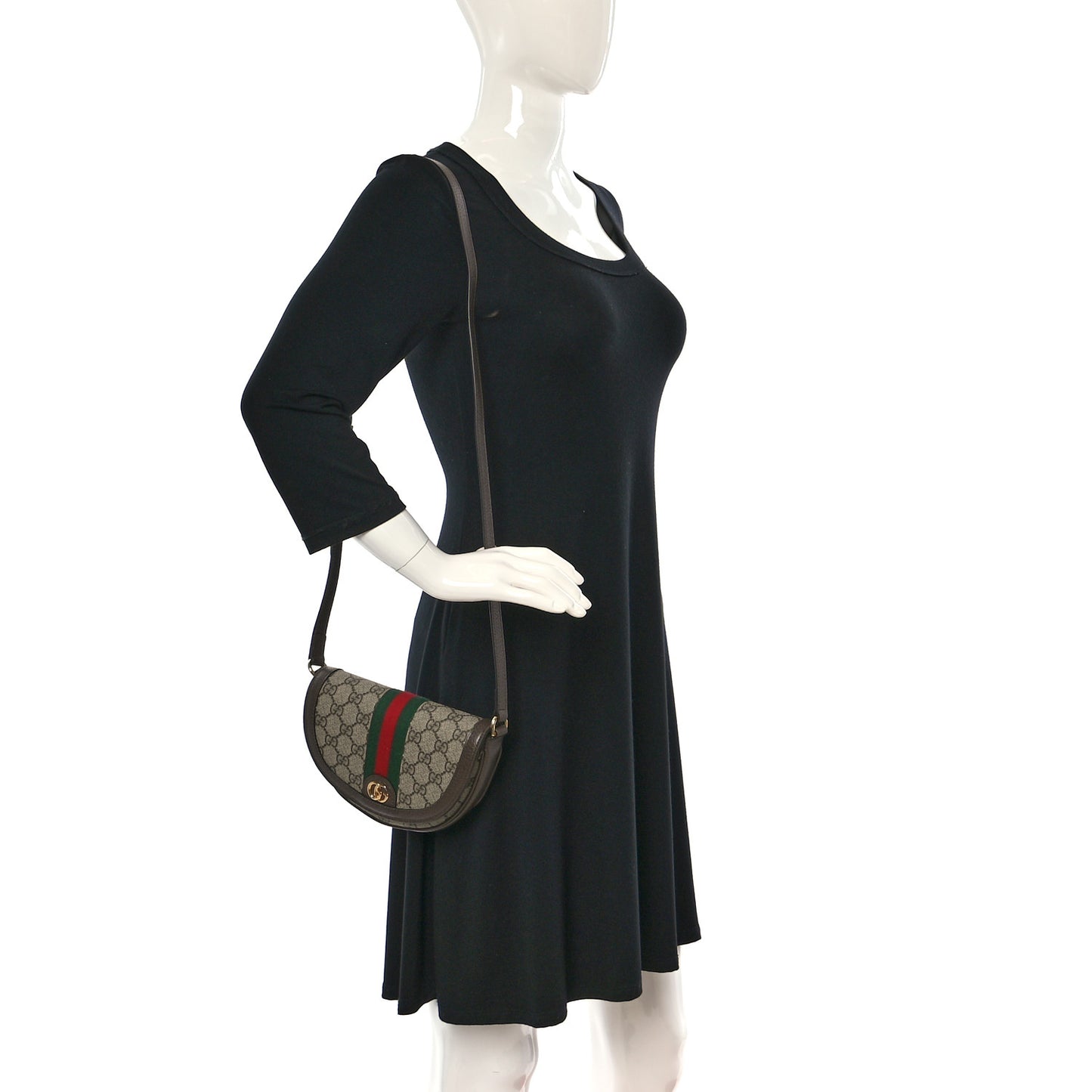 GG Supreme Monogram Textured Dollar Calfskin Web Mini Ophidia Flap Shoulder Bag Beige Ebony New Acero