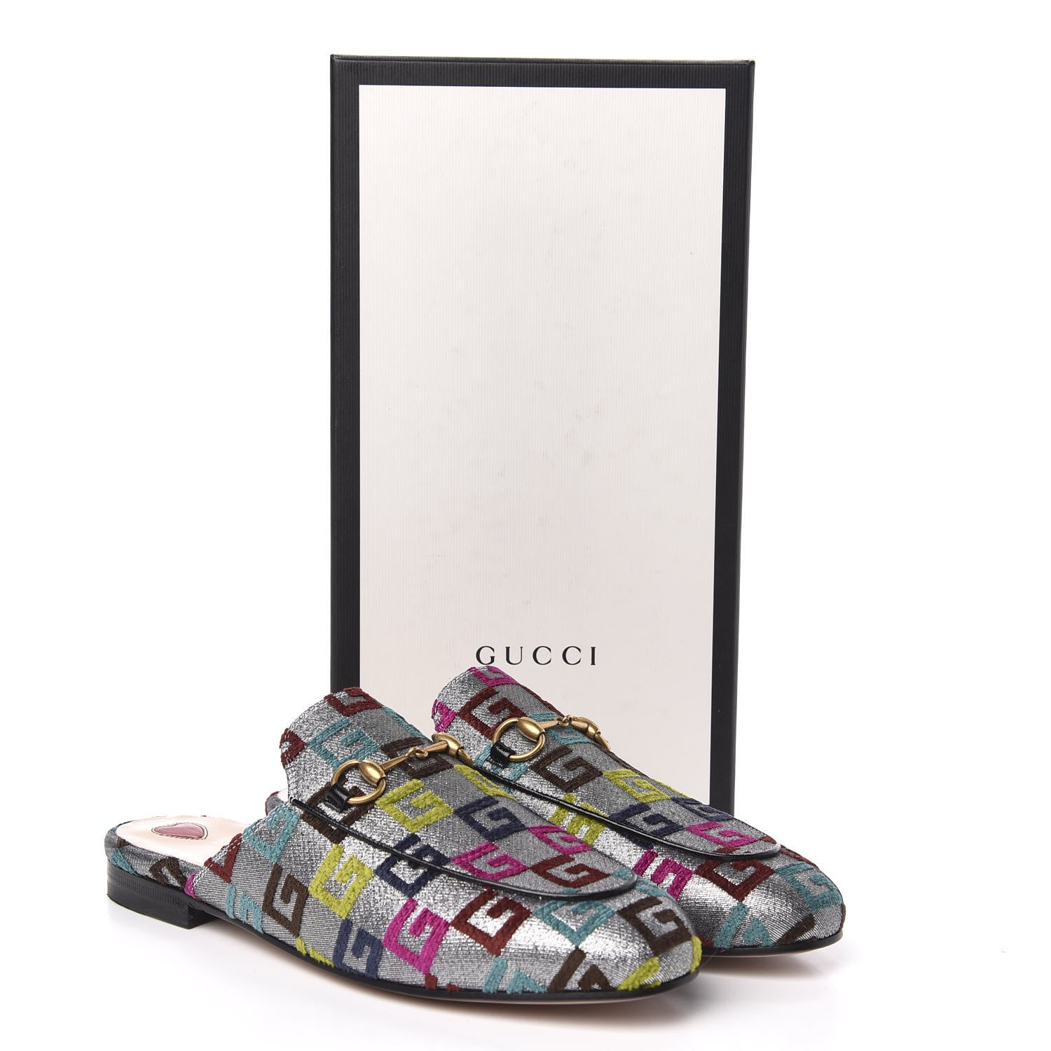 Gucci Velvet Lurex Square G Womens Princetown Slippers 38.5 Silver Multicolor 9 of 9