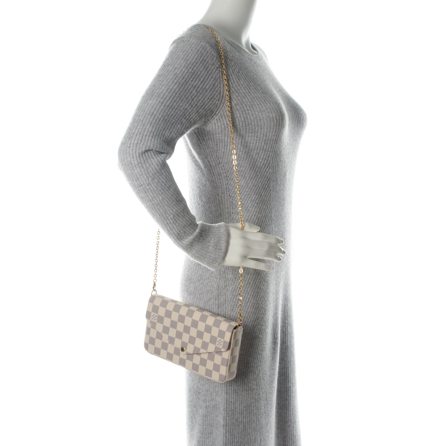 Damier Azur Pochette Felicie Chain Wallet Rose Ballerine