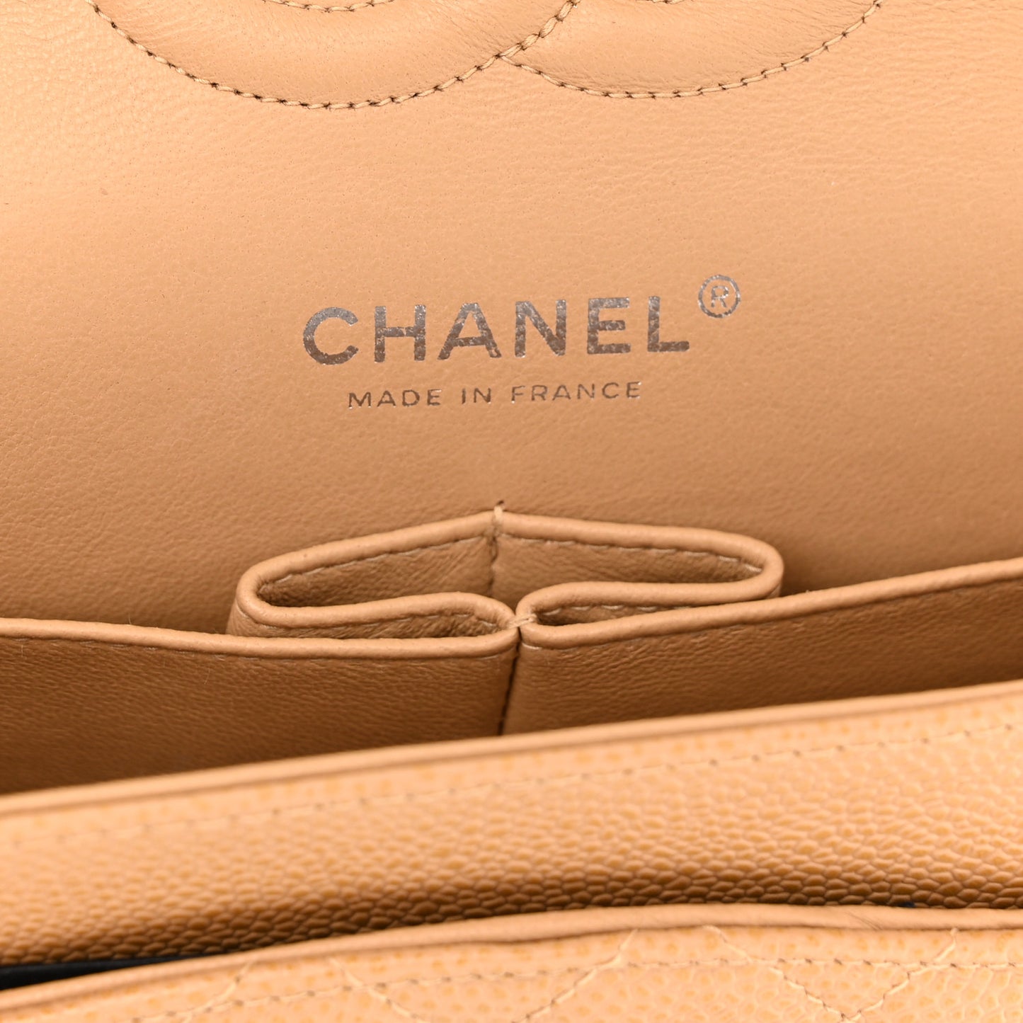 Caviar Quilted Medium Double Flap Beige