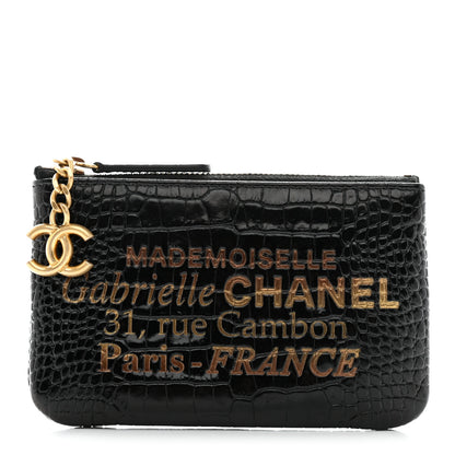 Chanel Calfskin Crocodile Embossed Mademoiselle Gabrielle Signature Pouch Black Gold 1 of 7