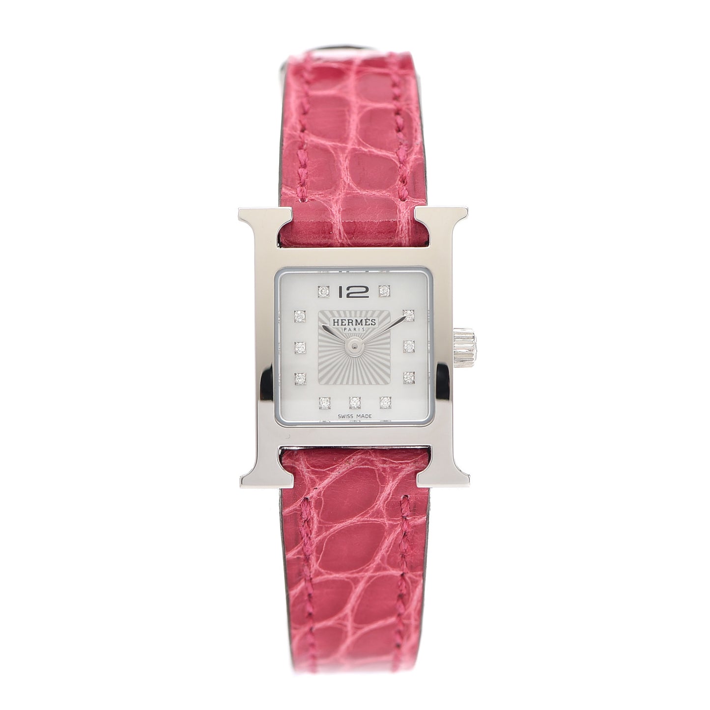 Stainless Steel Alligator Diamond Mother of Pearl 17.2mm Heure H Hour Quartz Watch Framboise
