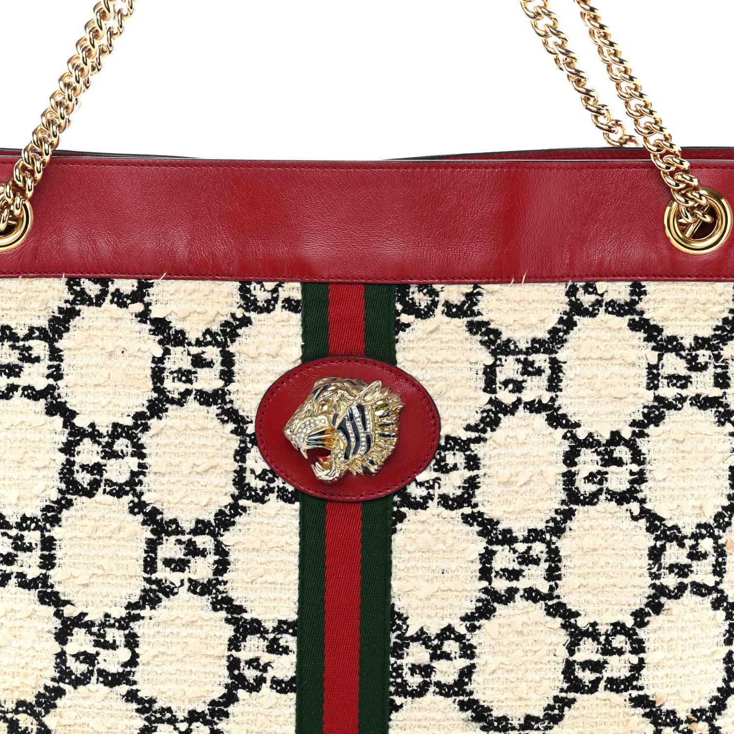 Gucci Tweed GG Monogram Large Rajah Chain Tote White Black Romantic Cherry 8 of 14