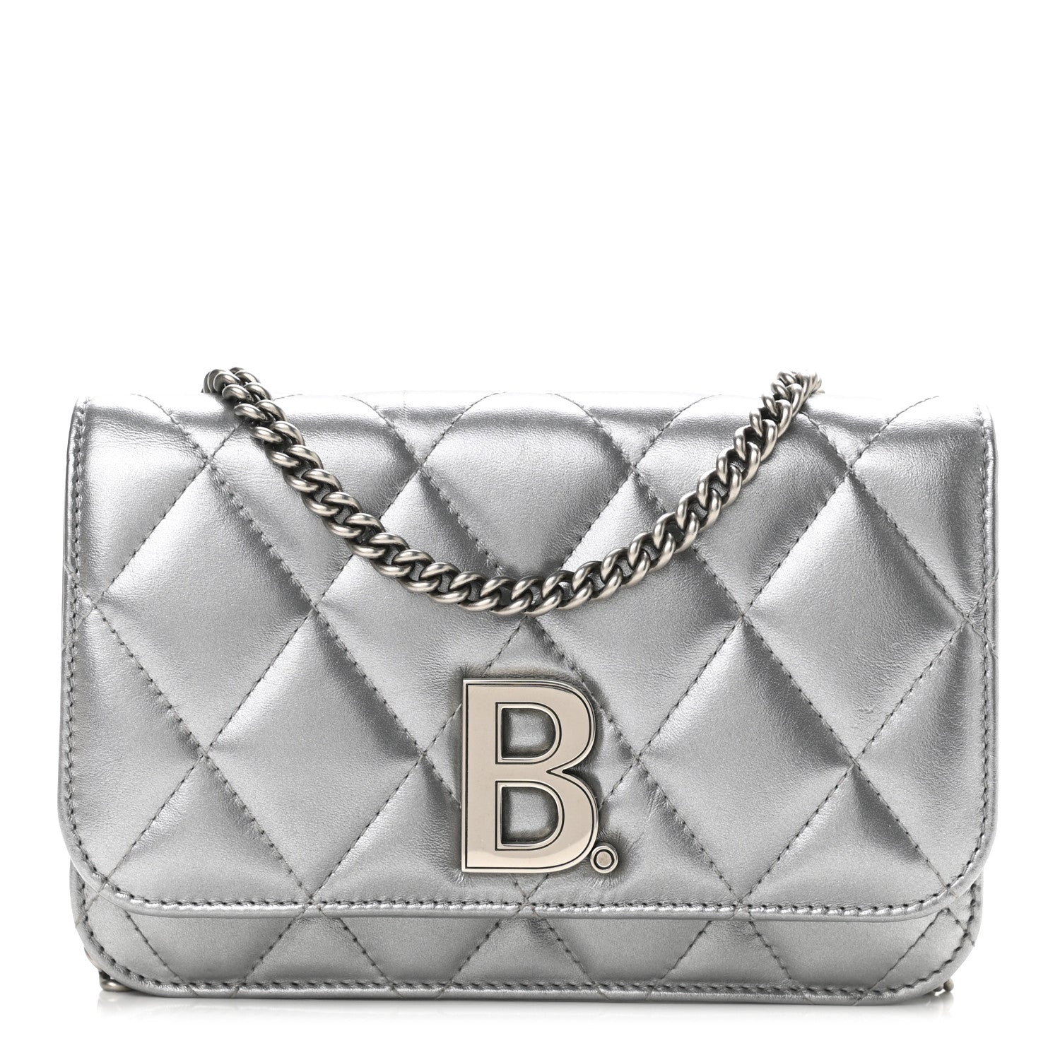 Balenciaga Metallic Calfskin Quilted Touch B Wallet On Chain Silver 1 of 9