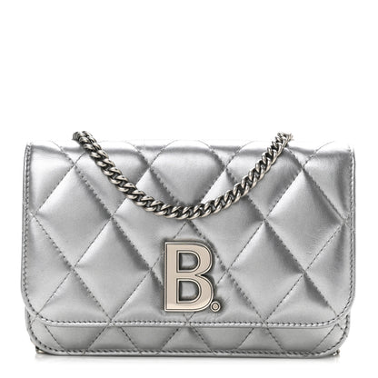 Balenciaga Metallic Calfskin Quilted Touch B Wallet On Chain Silver 1 of 9