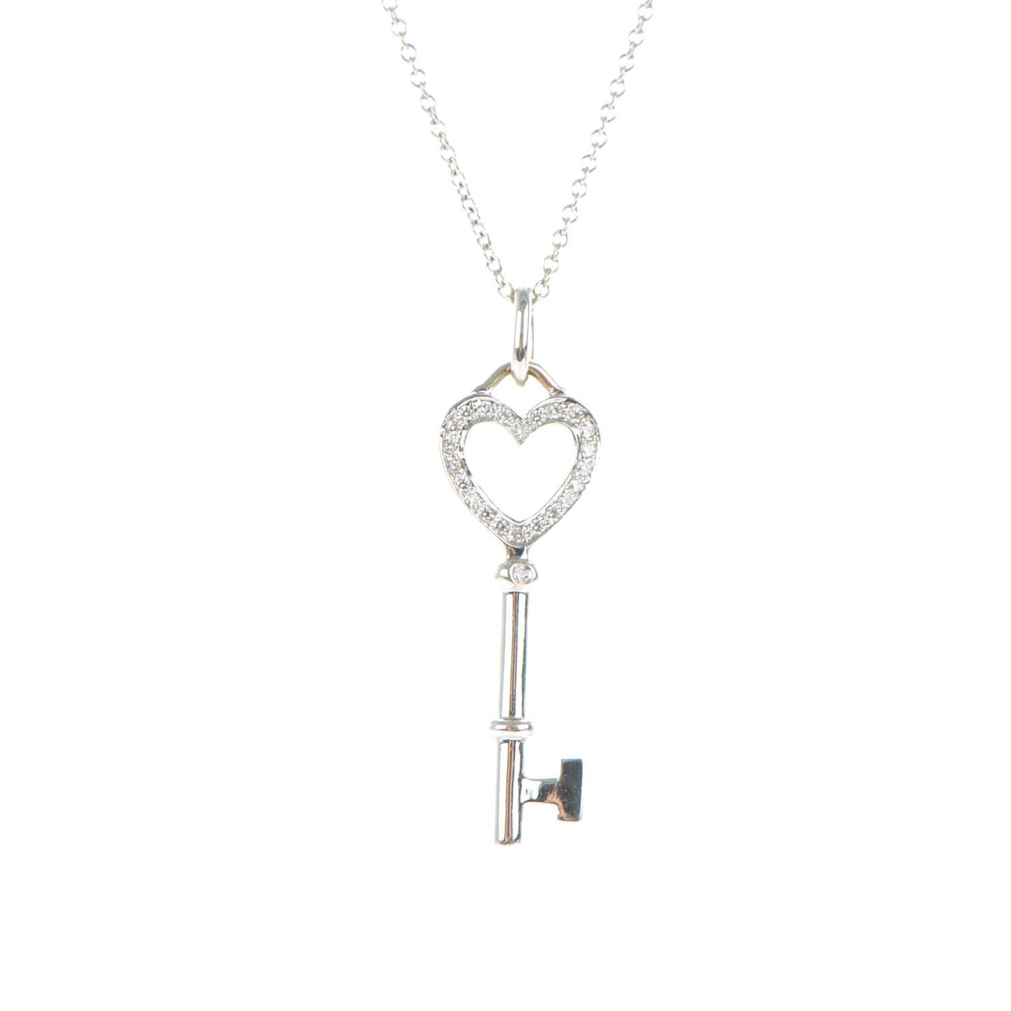 18K White Gold Diamond Medium Heart Key Pendant Necklace