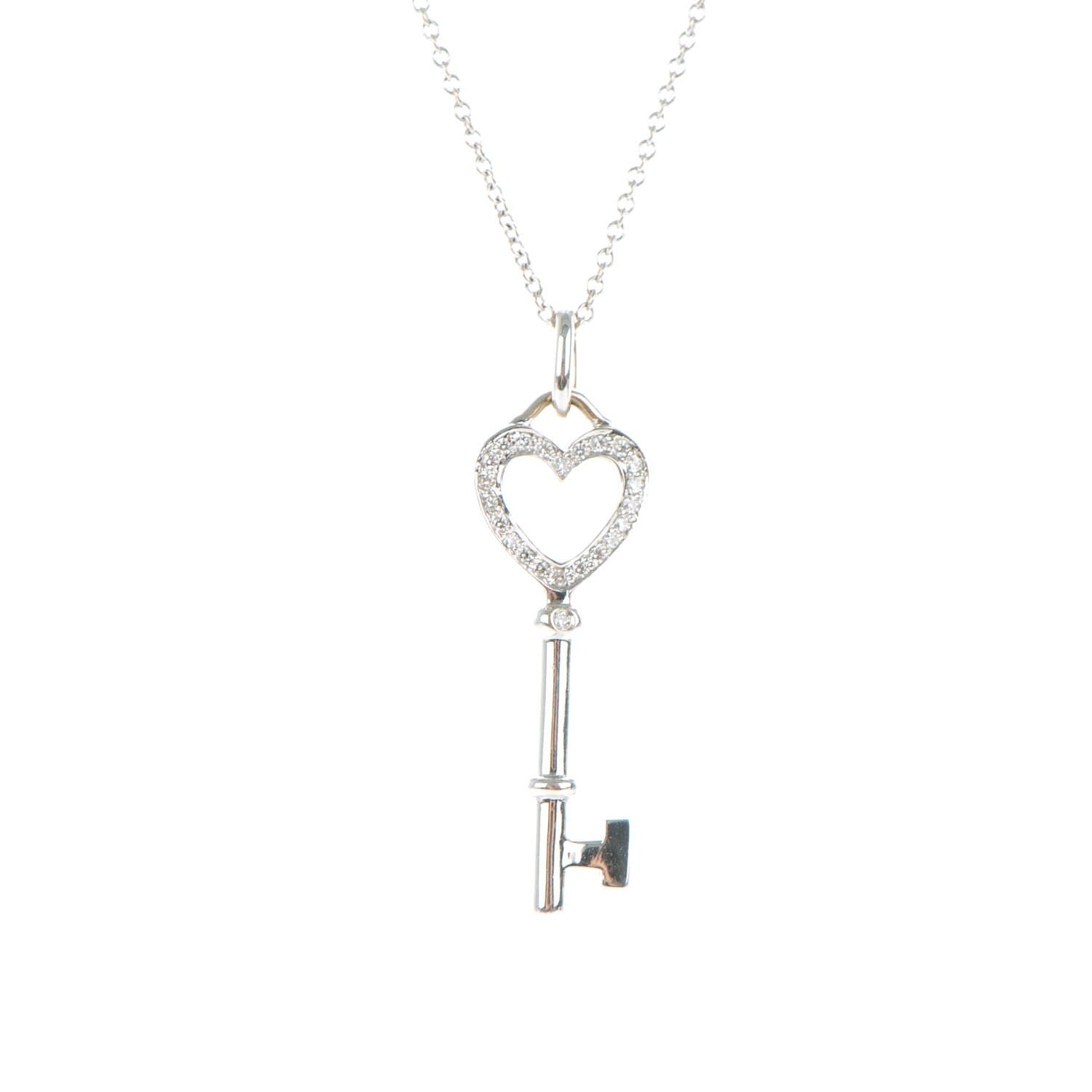 Tiffany 18K White Gold Diamond Medium Heart Key Pendant Necklace 3 of 6