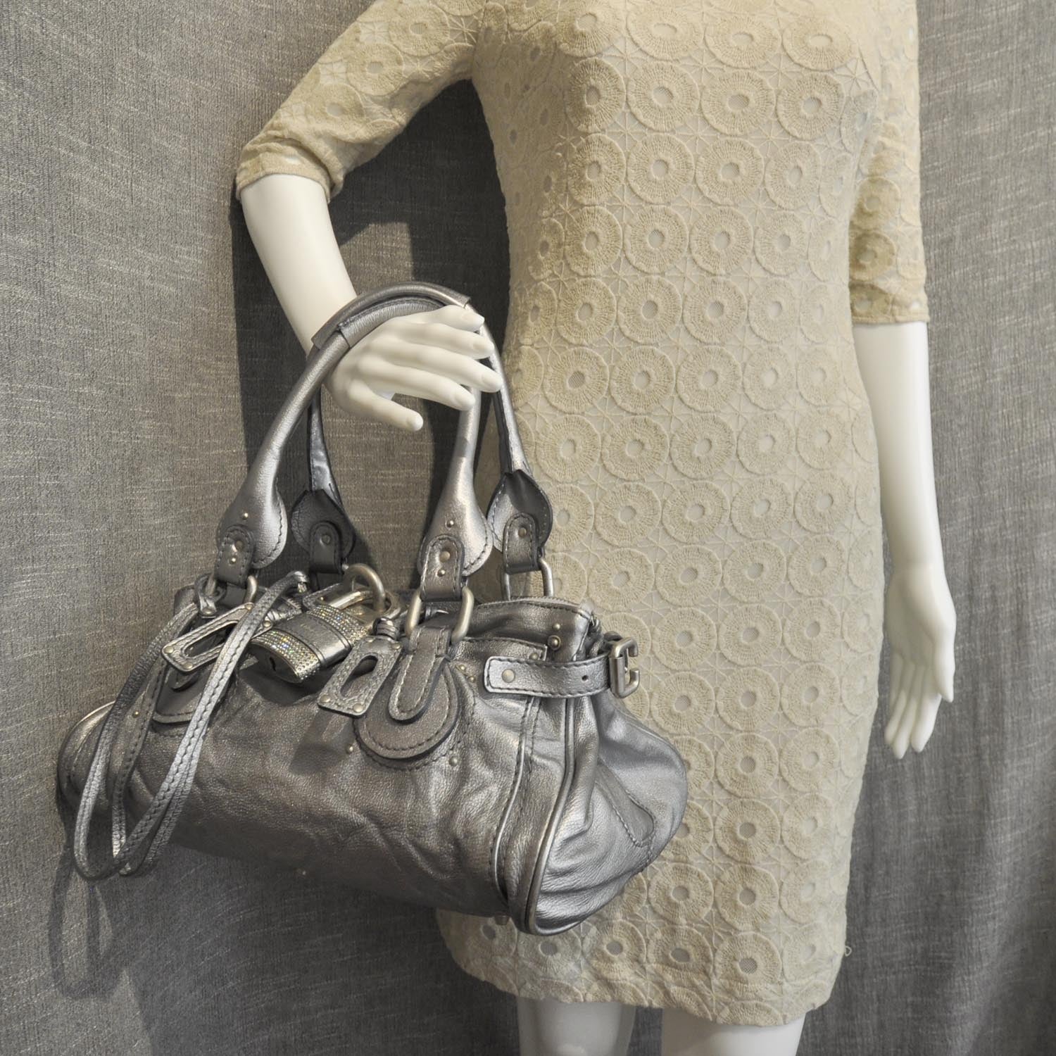 Chloe Leather Crystal Paddington Satchel Metallic Silver 4 of 12