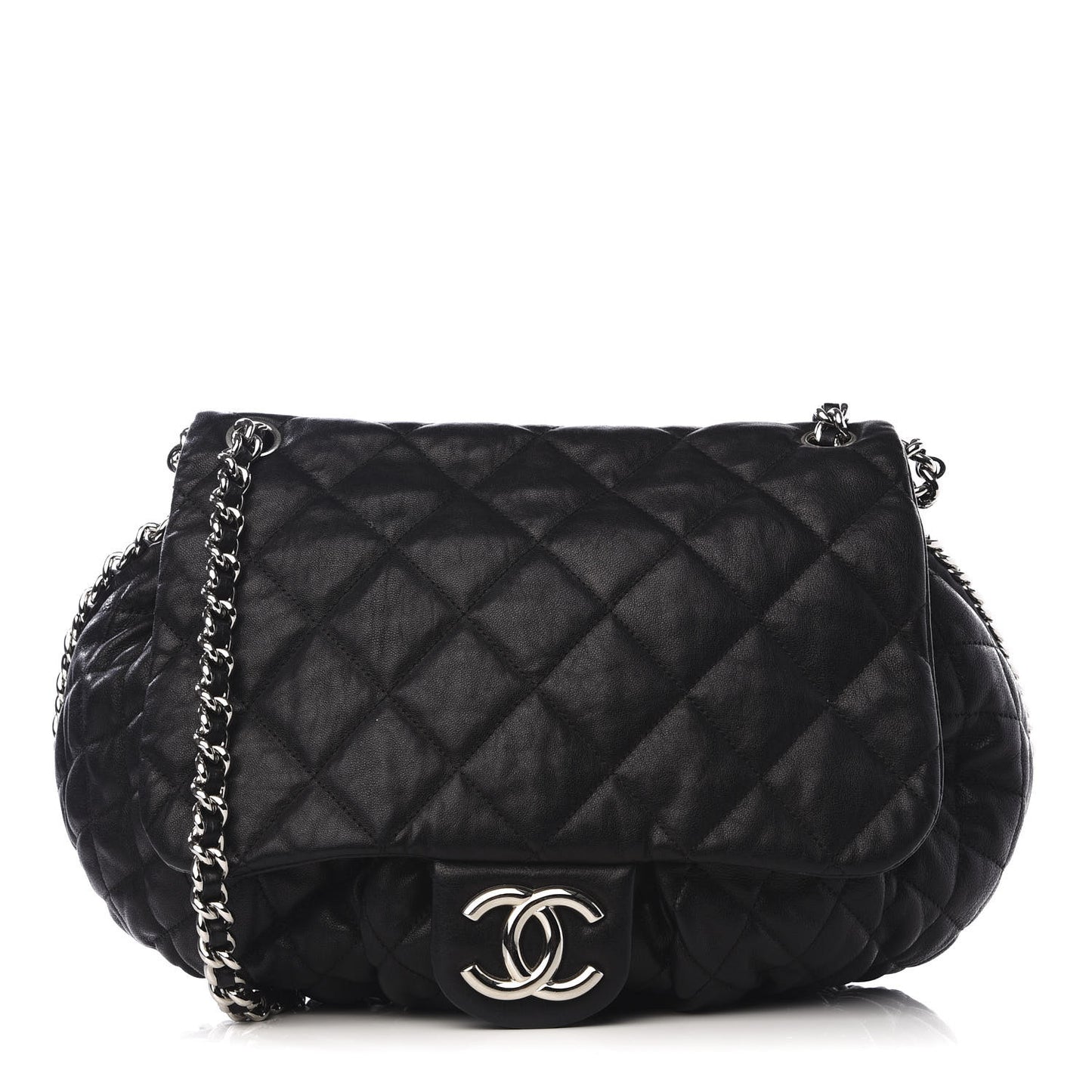 Washed Lambskin Quilted Large Chain Around Messenger Black