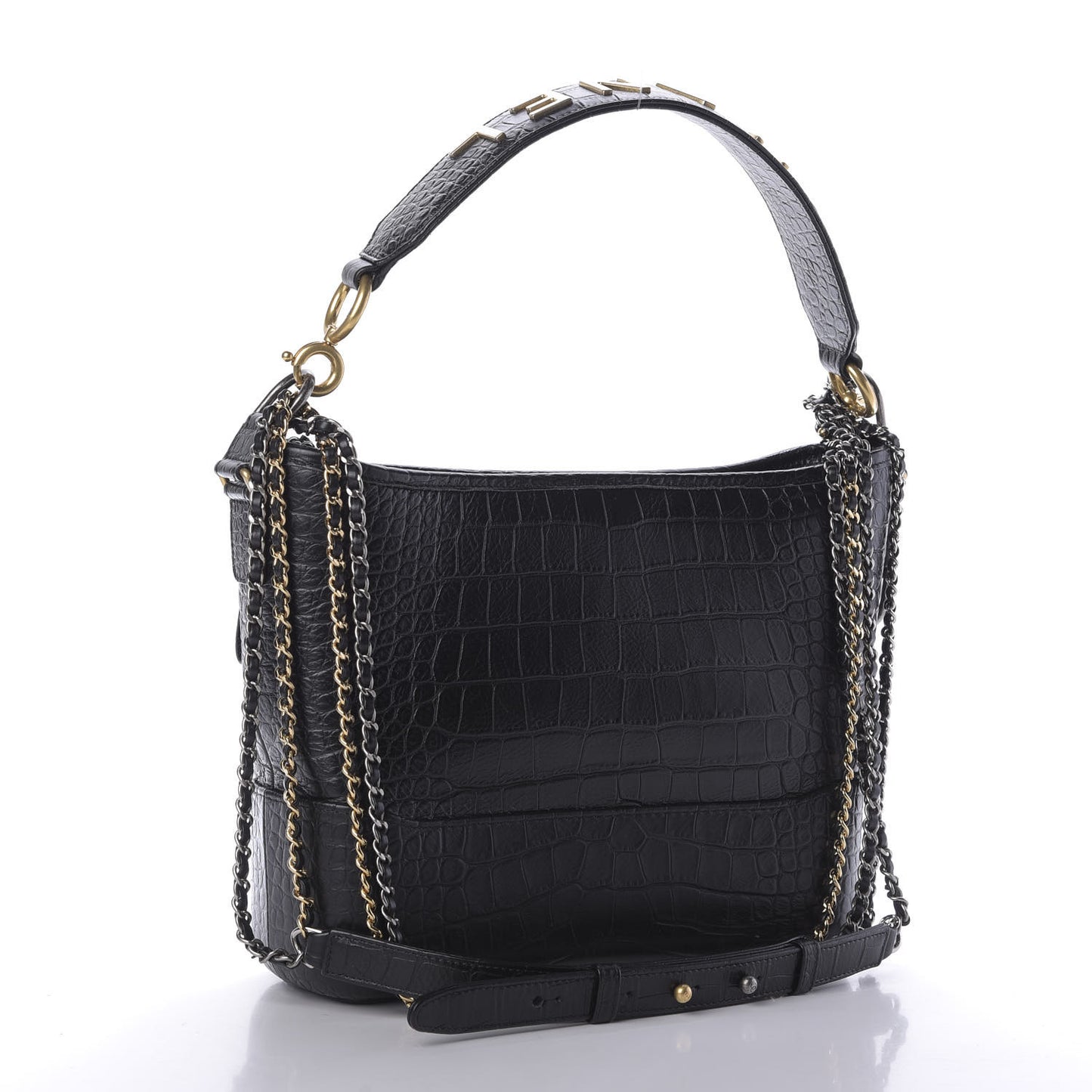 Crocodile Embossed Calfskin Medium Gabrielle Cocodile Hobo Black