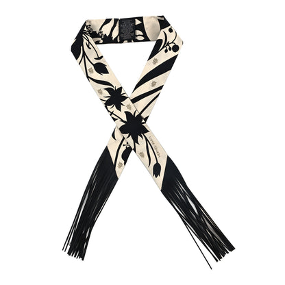 Hermes Silk Calfskin Bouquet Final Fringed Twilly Creme Black 1 of 3