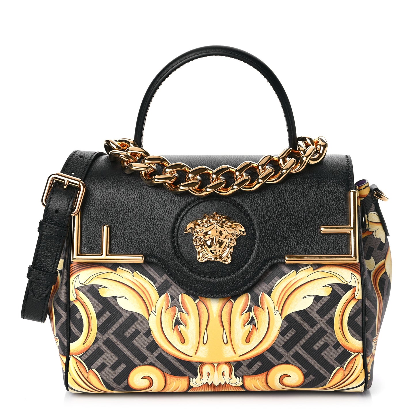 X FENDI Grained Calfskin Fendace La Medusa Medium Top Handle Bag Black Multicolor