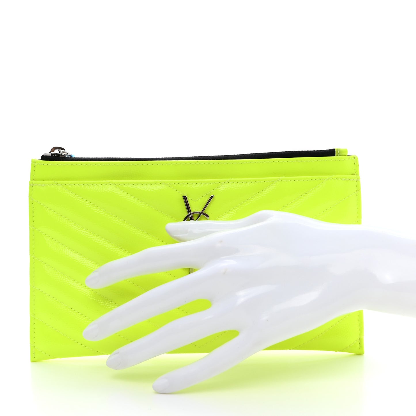 Patent Grain De Poudre Matelasse Chevron Monogram Bill Pouch Neon Yellow