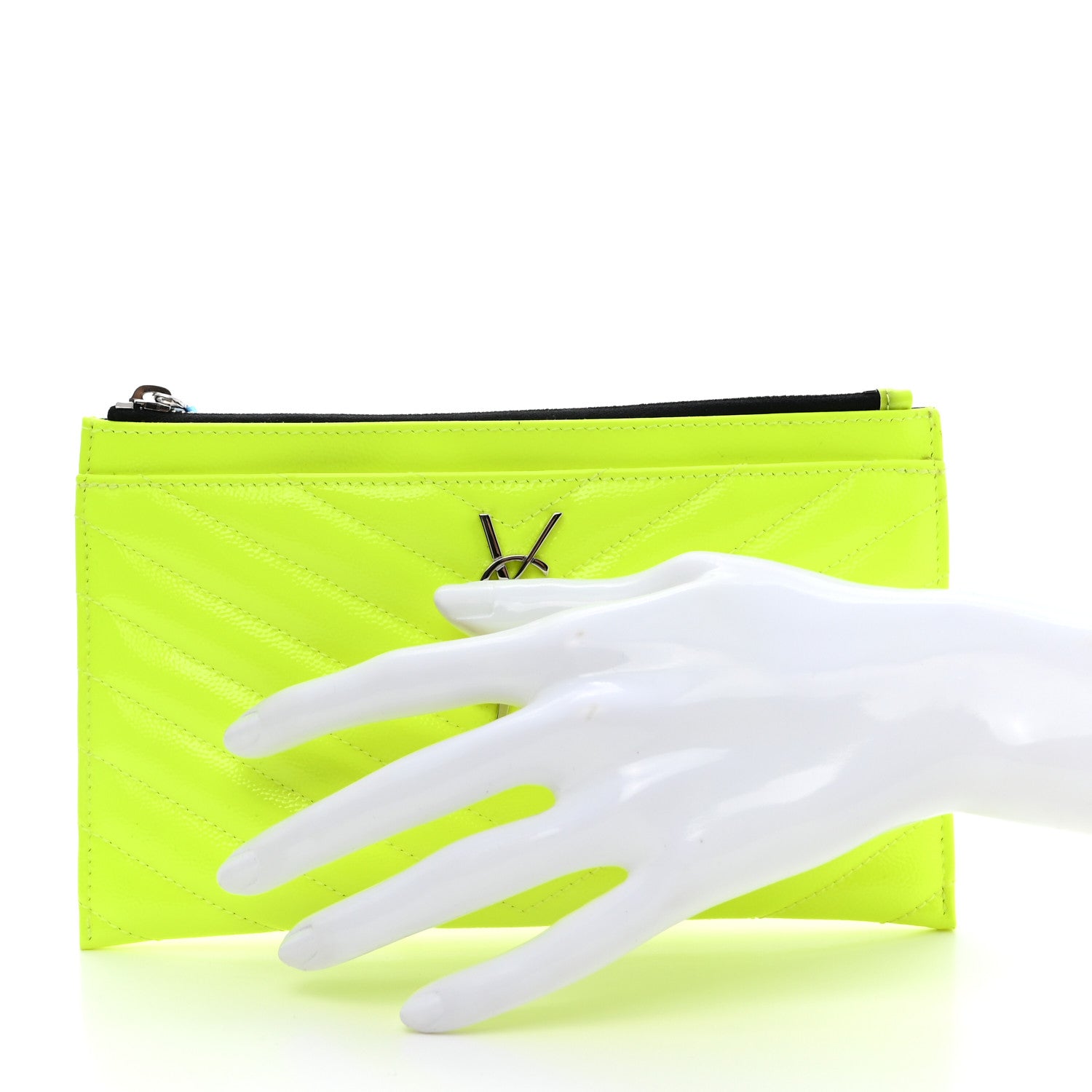 Saint Laurent Patent Grain De Poudre Matelasse Chevron Monogram Bill Pouch Neon Yellow 2 of 7