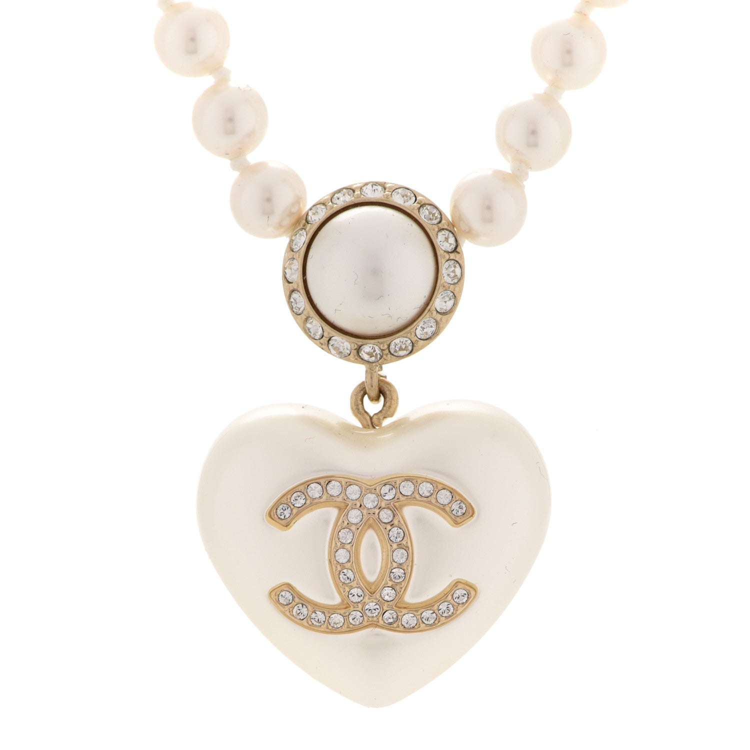 Chanel Pearl Crystal CC Heart Short Necklace Pearly White Gold 4 of 6