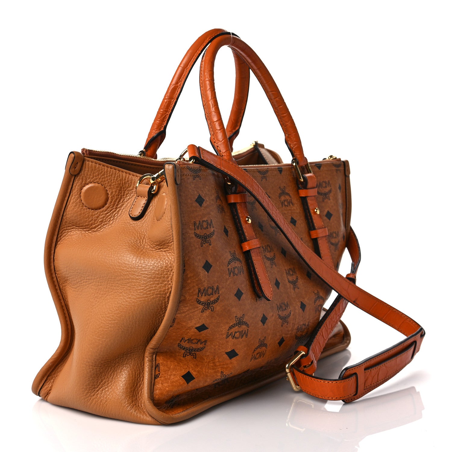 MCM Visetos Calfskin Crocodile Embossed Double Zip Tote Cognac 2 of 12