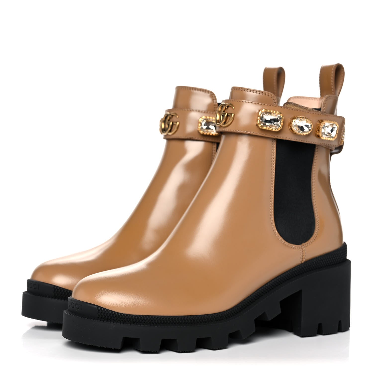 Gucci Calfskin Crystal GG Trip Chelsea Ankle Boots 36 Natural Tan 3 of 12