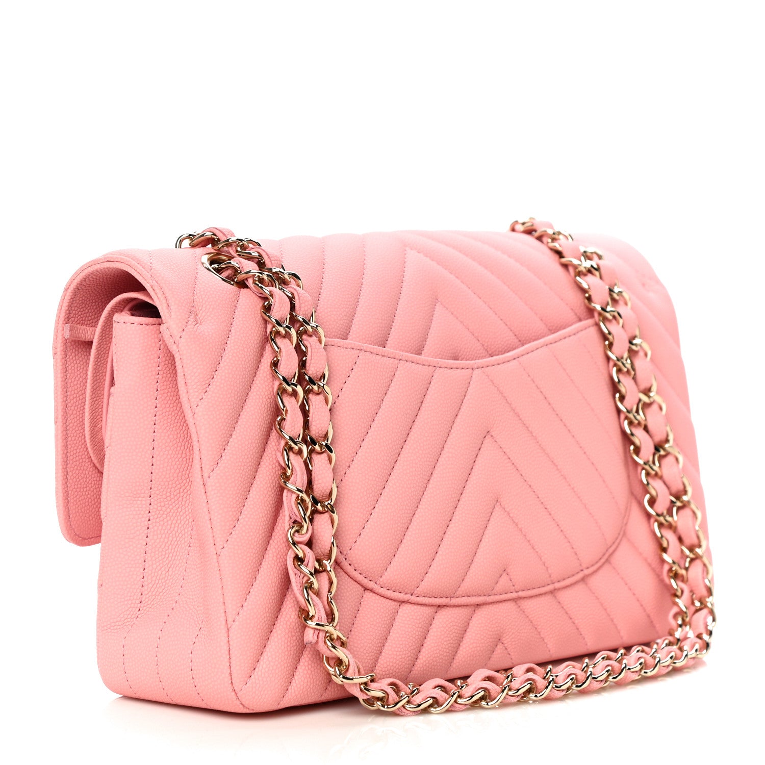 Chanel Caviar Flat Chevron Quilted Medium Double Flap Pink 3 of 12