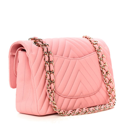 Chanel Caviar Flat Chevron Quilted Medium Double Flap Pink 3 of 12