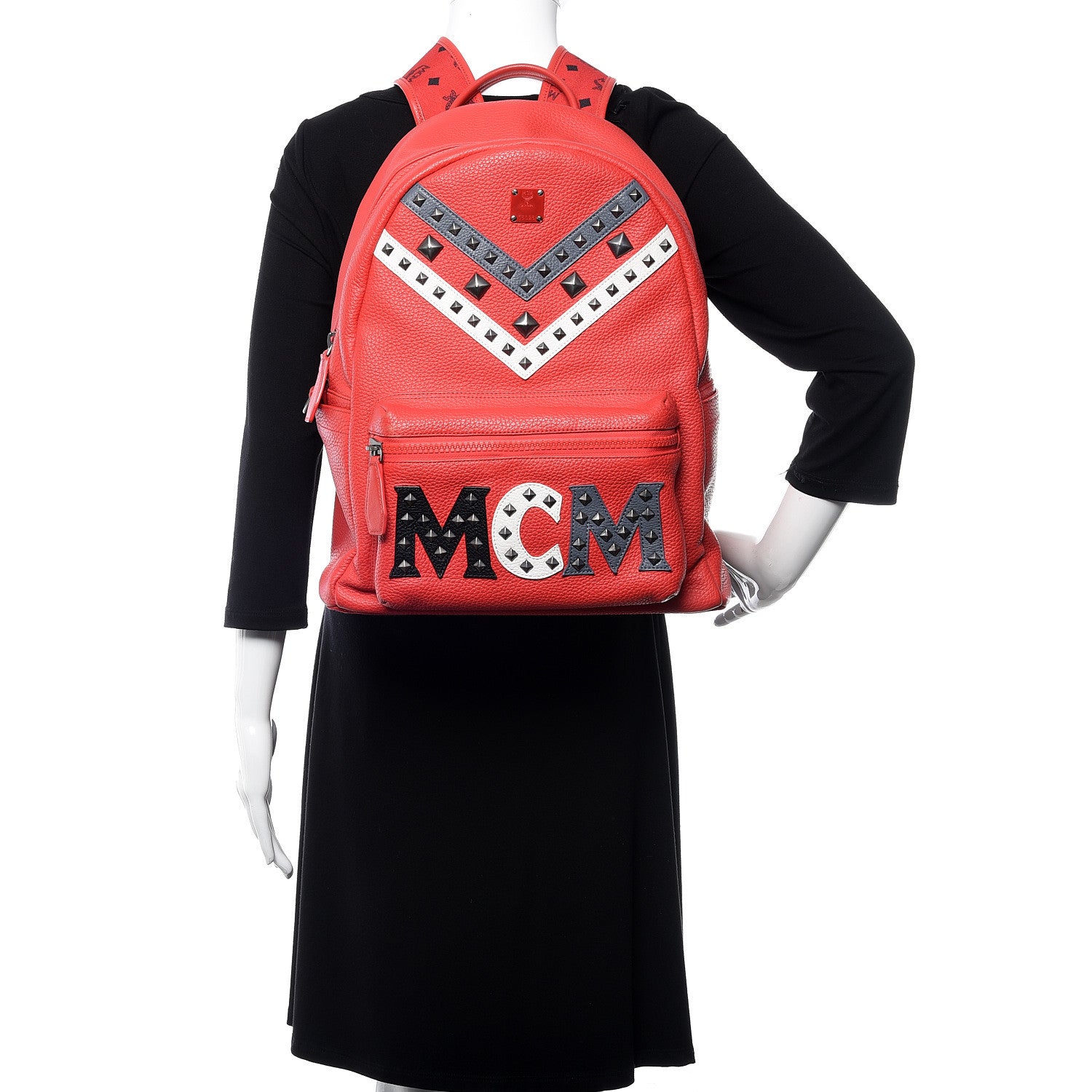 MCM Calfskin Studded Small Logo Backpack Red 2 of 11