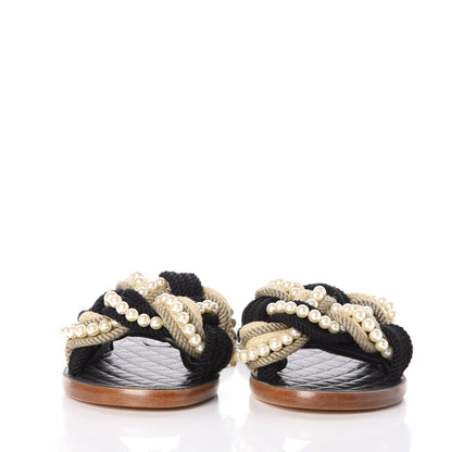 Chanel Lambskin Pearl Cord CC Mules 37 Black Beige 2 of 8