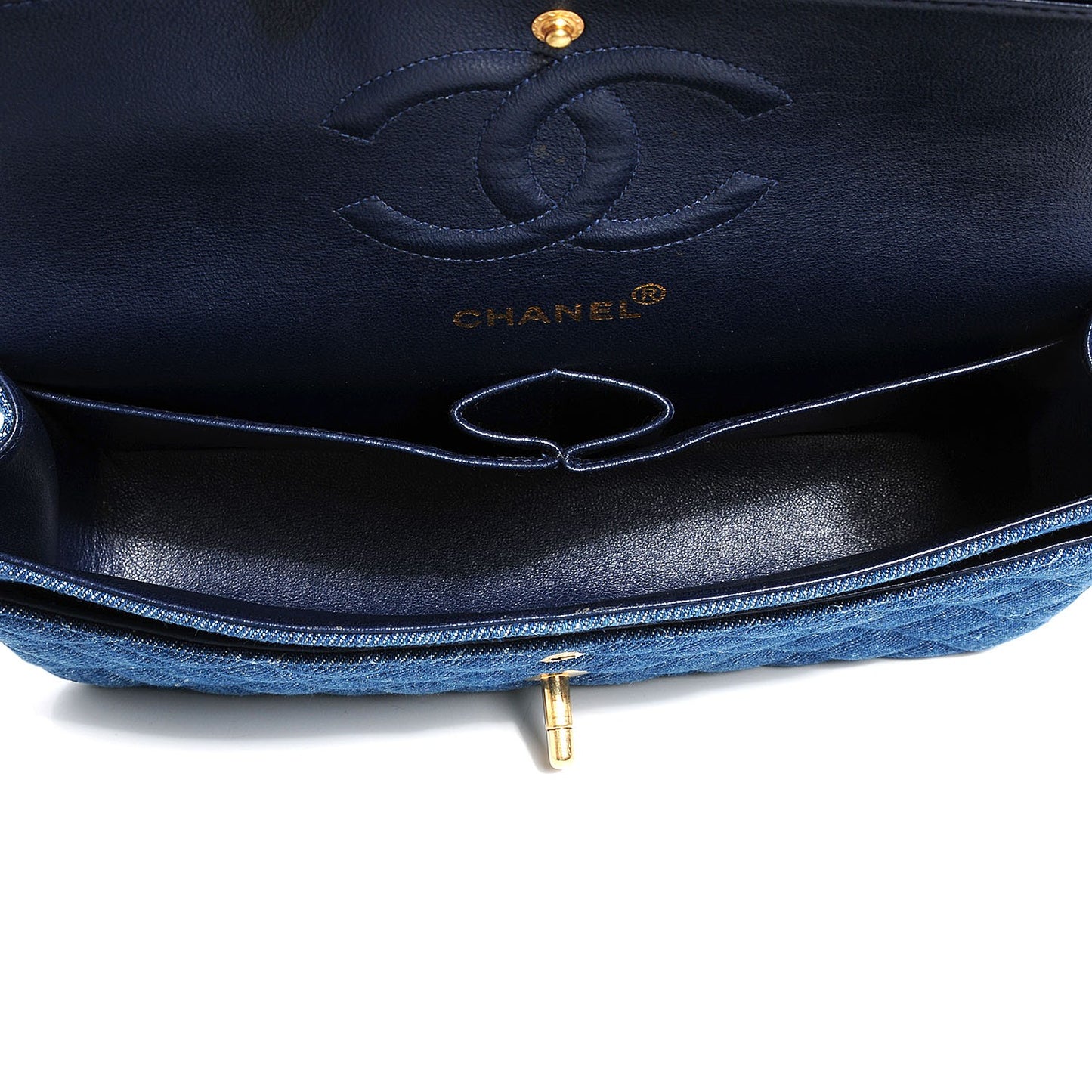 Denim Quilted Medium Double Flap Navy Blue