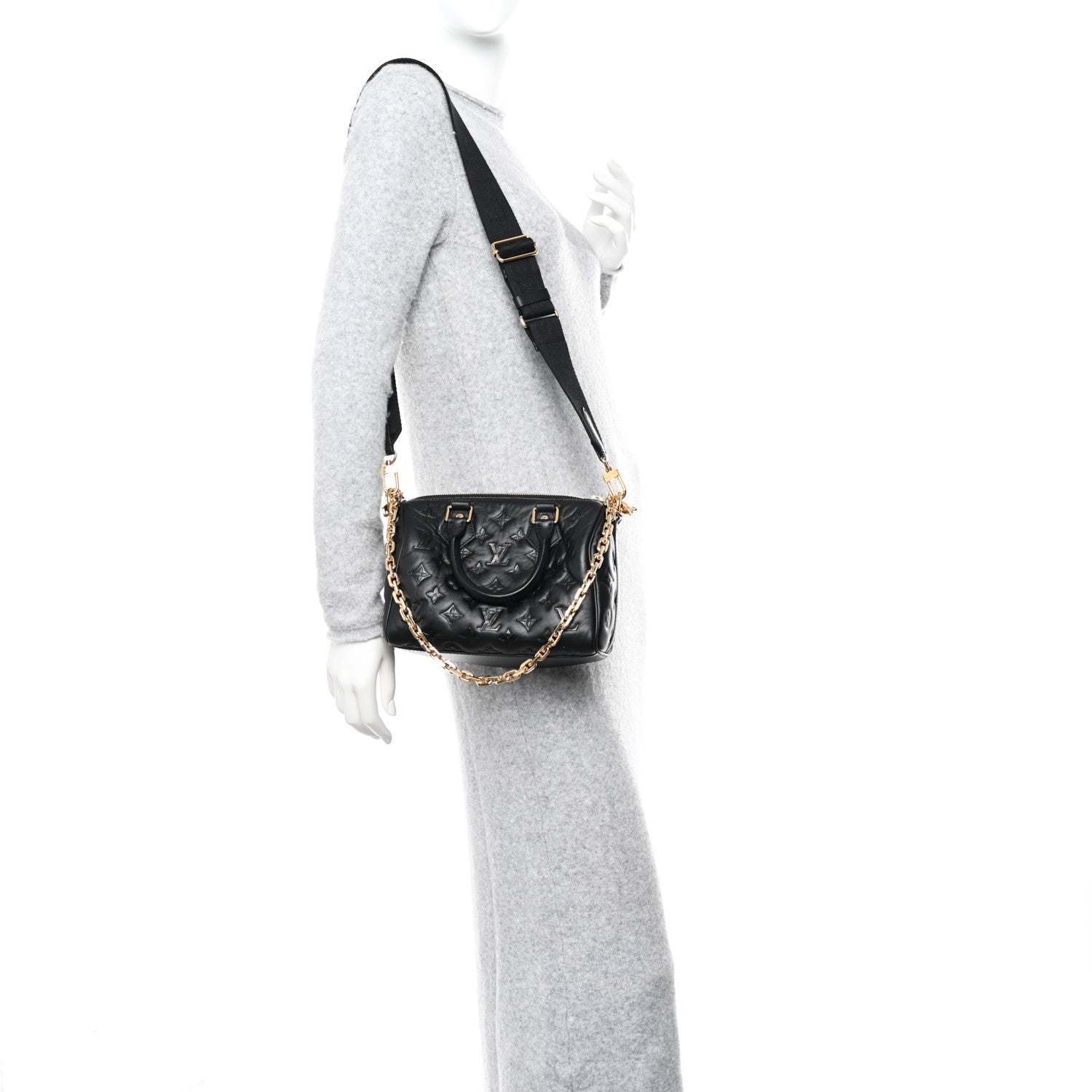 Louis Vuitton Lambskin Embossed Monogram Speedy 22 Bandouliere Black 2 of 9