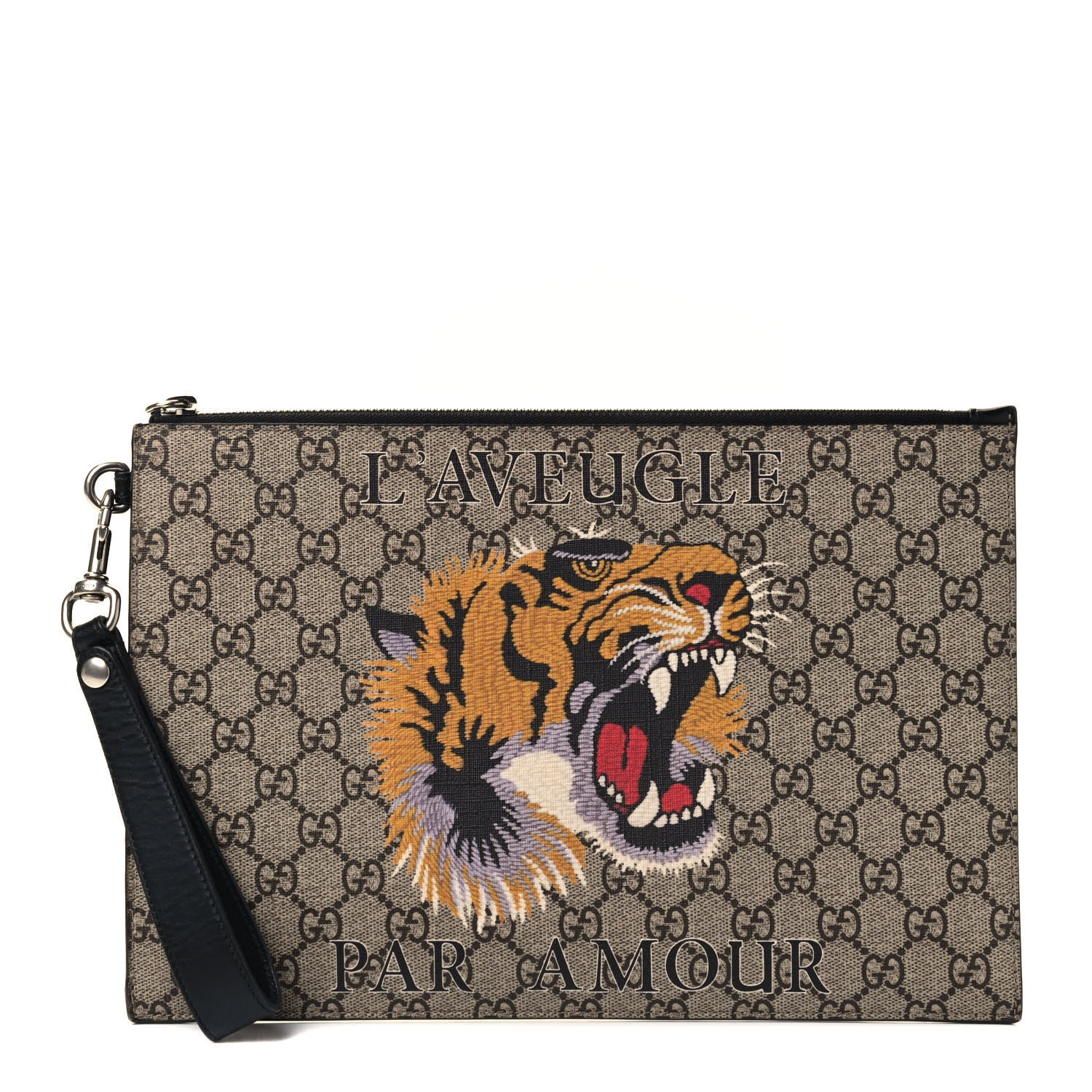 Gucci GG Supreme Monogram Tiger Zip Wristlet Pouch Beige 1 of 4