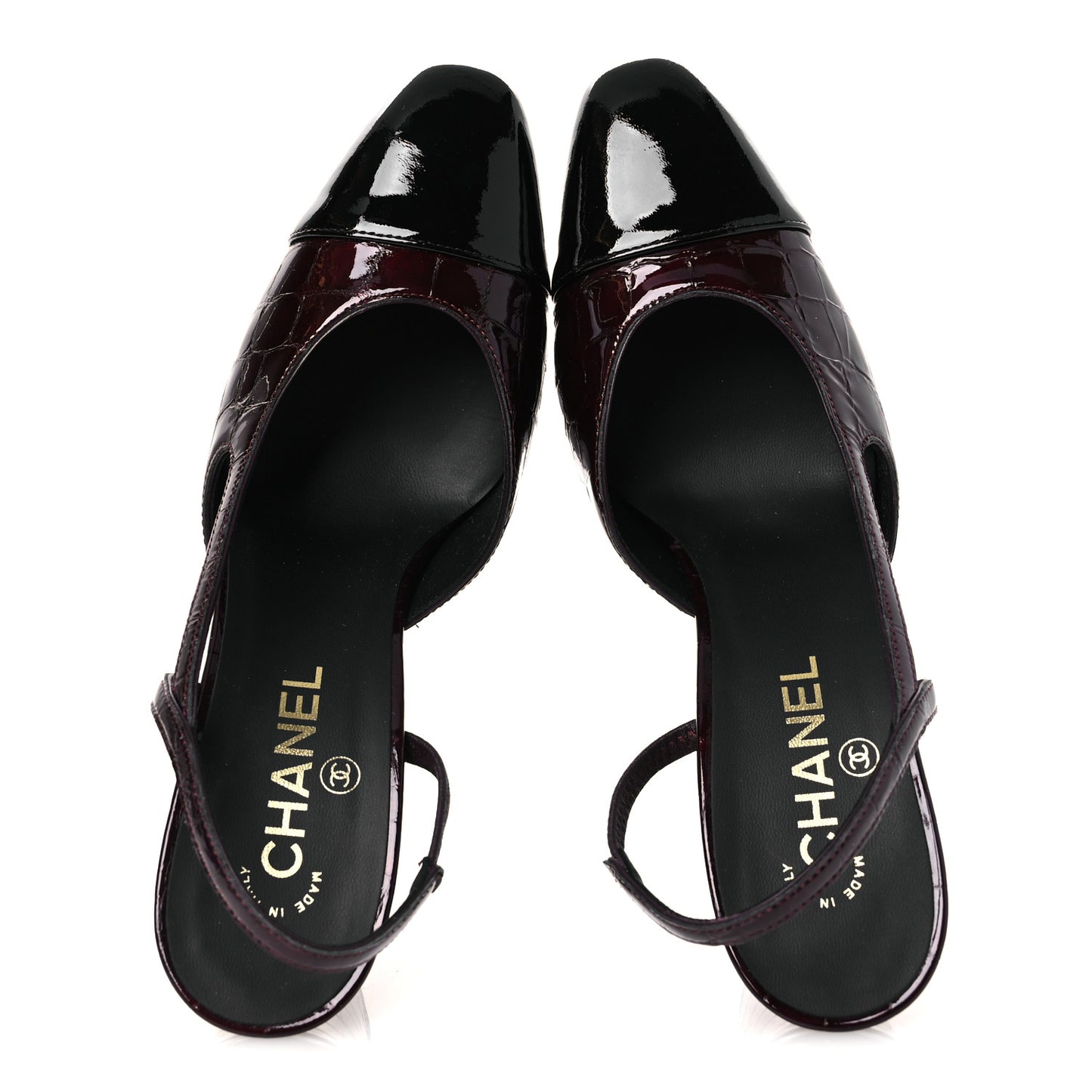 Patent Calfskin Crocodile Embossed Cap Toe CC Slingback 39 Dark Burgundy Black