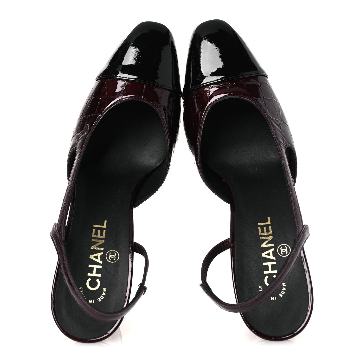 Chanel Patent Calfskin Crocodile Embossed Cap Toe CC Slingback 39 Dark Burgundy Black 2 of 13