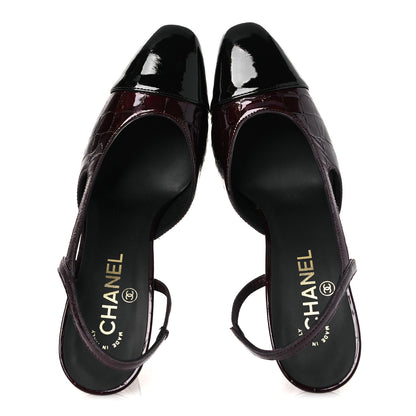 Chanel Patent Calfskin Crocodile Embossed Cap Toe CC Slingback 39 Dark Burgundy Black 2 of 13