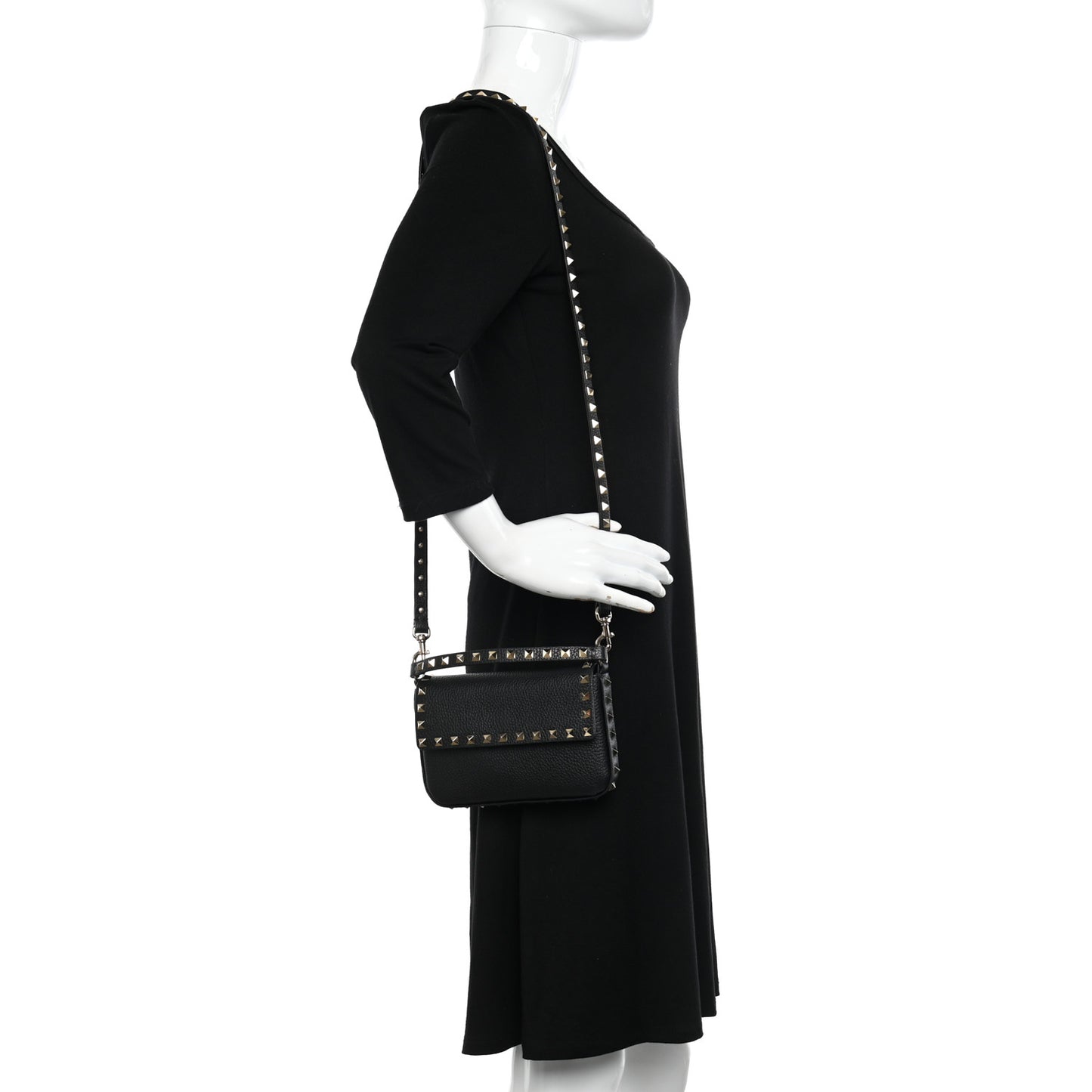 Grainy Calfskin Rockstud Crossbody Pouch Black