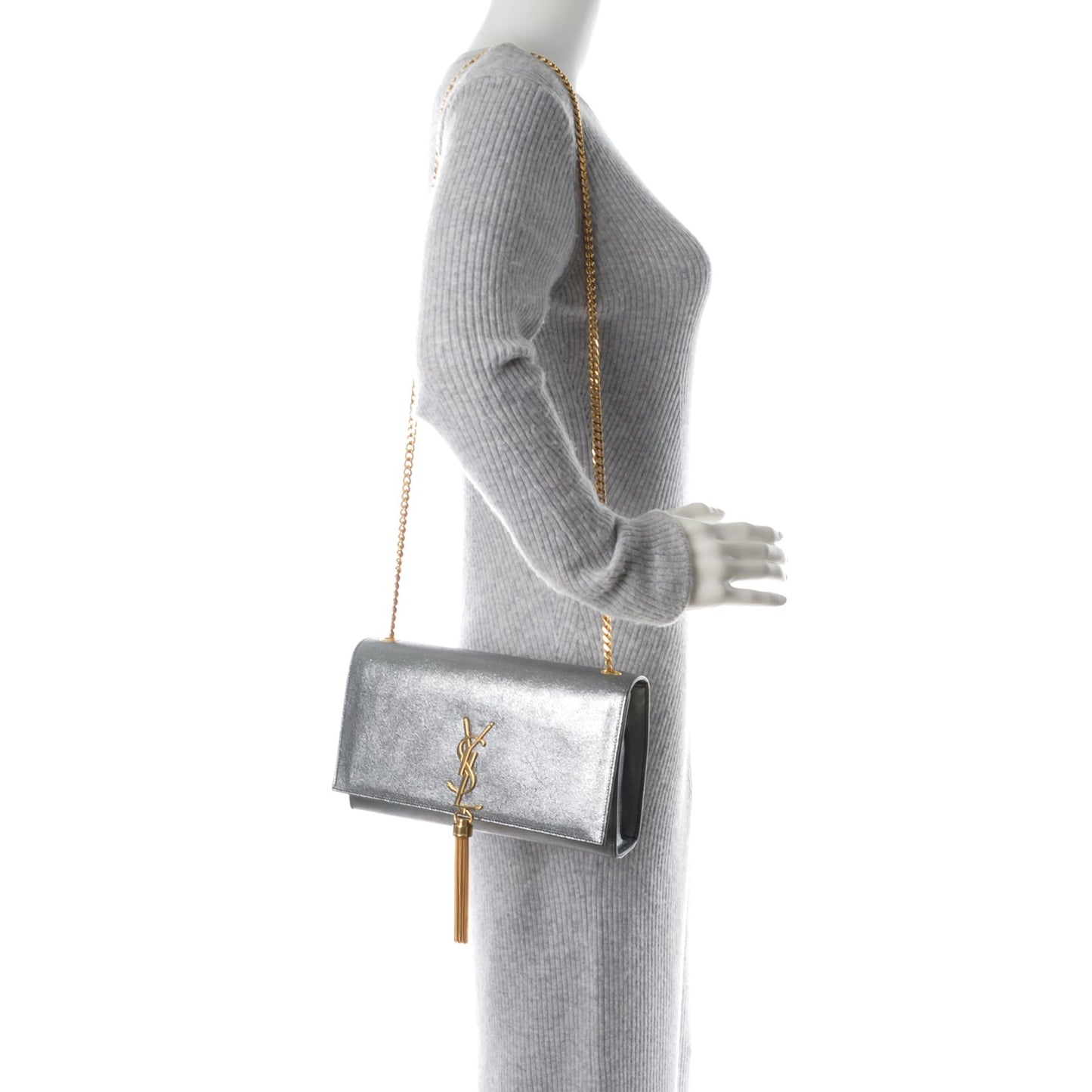 Metallic Calfskin Medium Classic Monogram Kate Tassel Satchel Silver