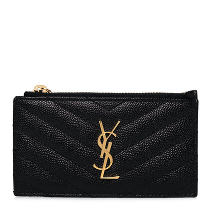 Saint Laurent Grain De Poudre Matelasse Chevron Monogram Fragments Zippered Card Case Black 1 of 9