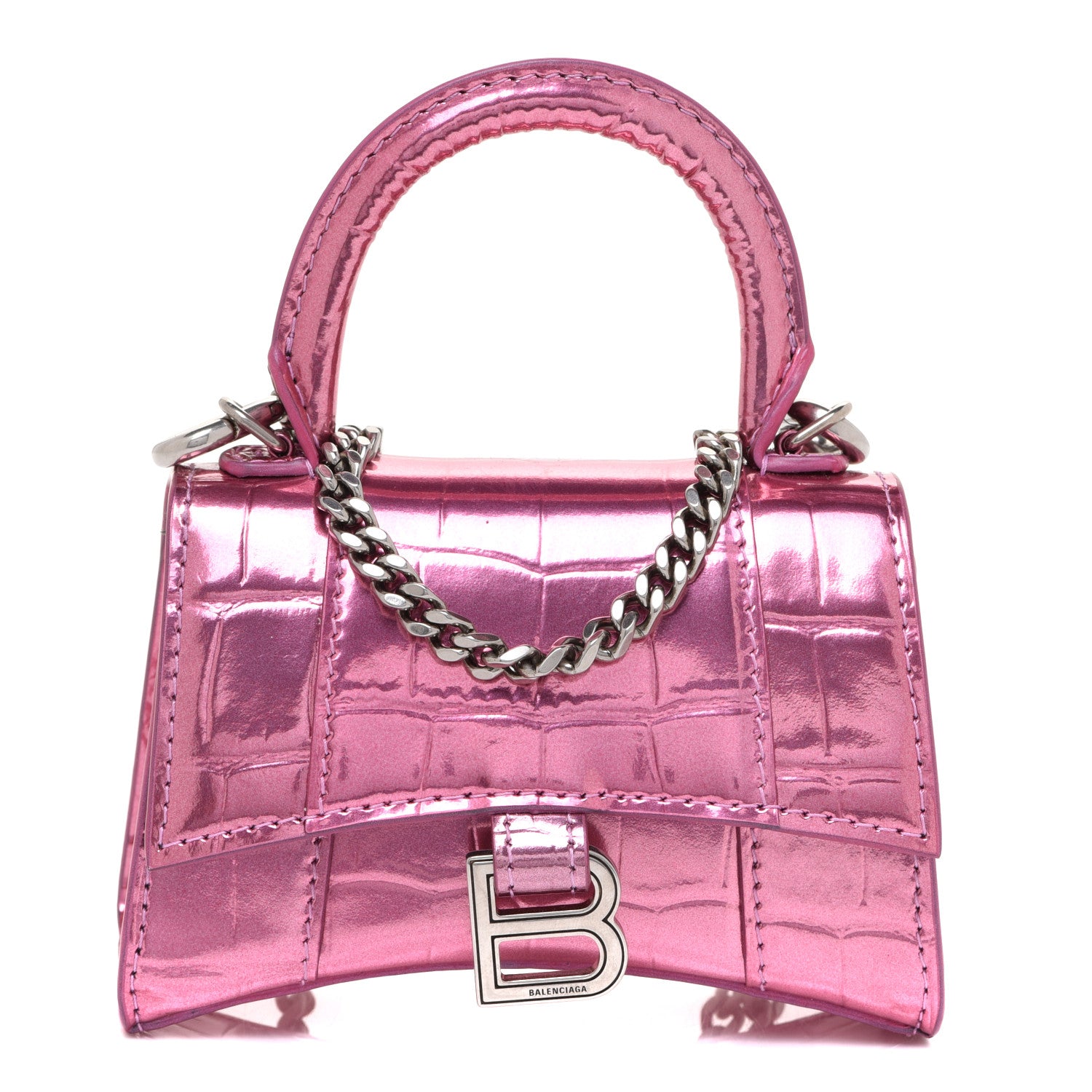 Balenciaga Metallic Calfskin Crocodile Embossed Hourglass Top Handle Bag Mini with Chain Pink 1 of 9