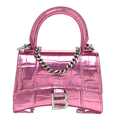 Balenciaga Metallic Calfskin Crocodile Embossed Hourglass Top Handle Bag Mini with Chain Pink 1 of 9