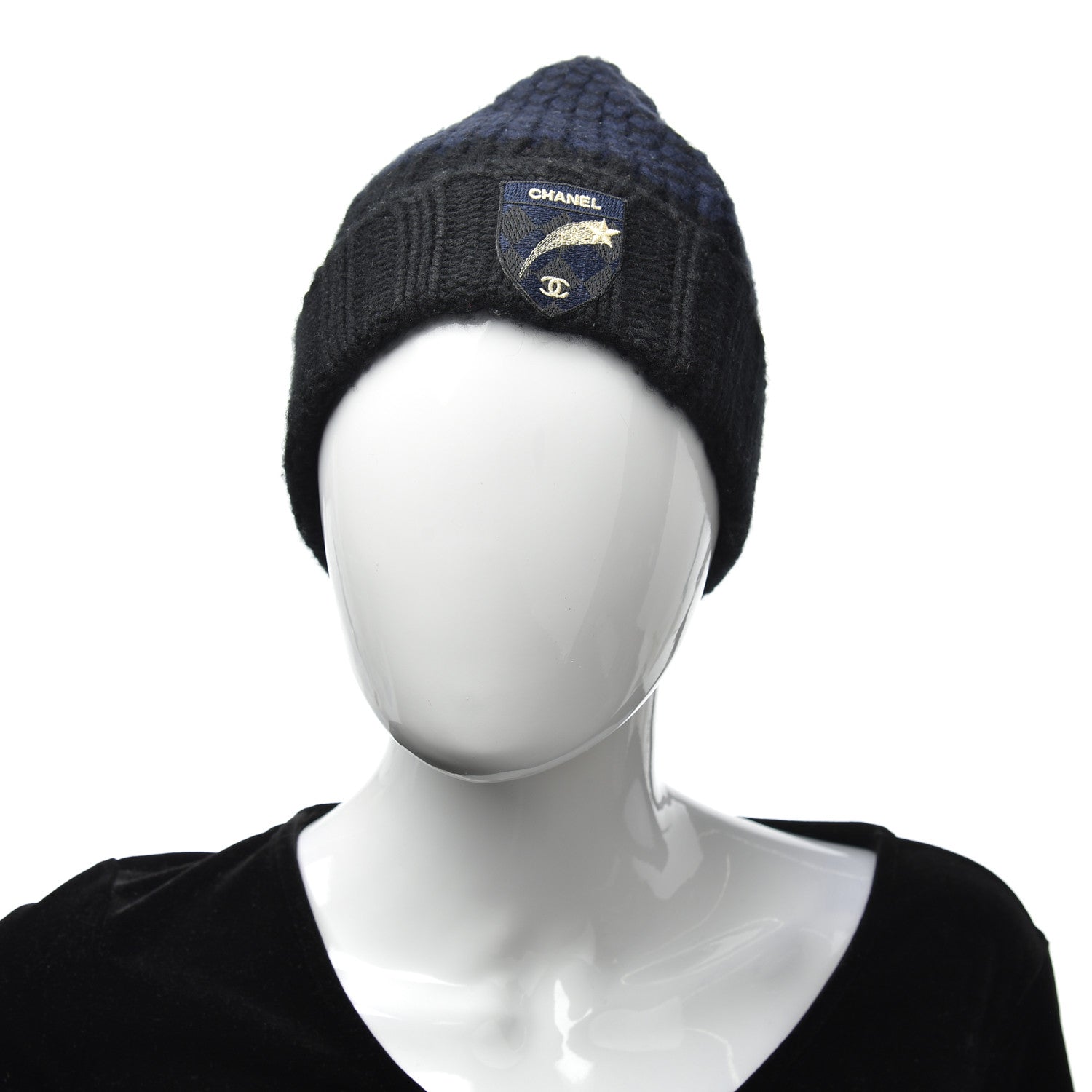 Chanel Cashmere CC Shooting Star Beanie Hat Navy Black 2 of 5