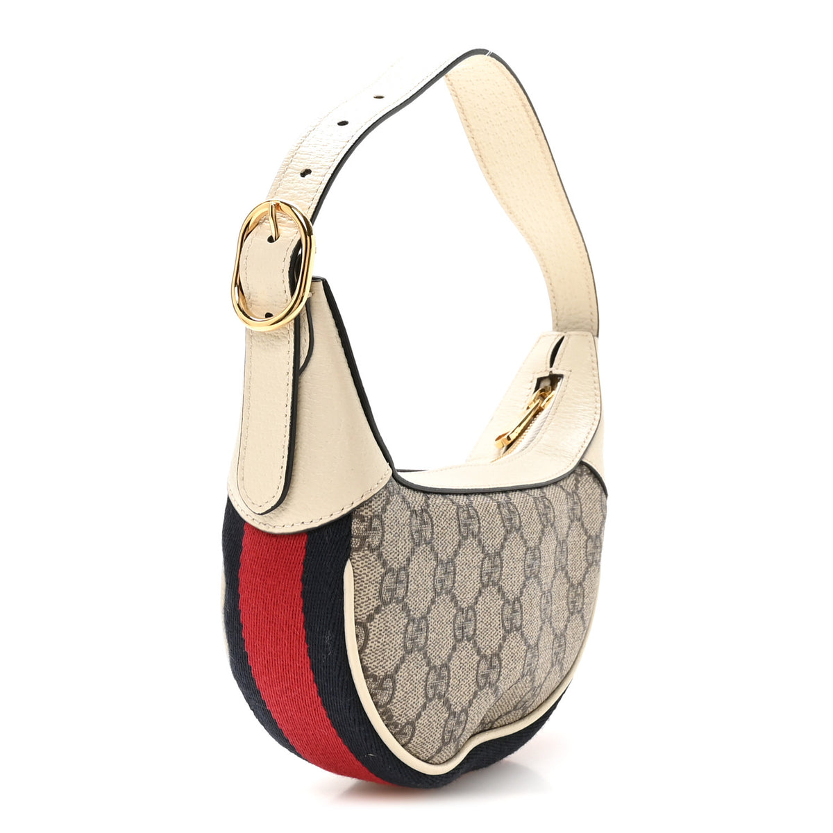 GG Supreme Monogram Textured Dollar Calfskin Web Mini Ophidia Half Moon Hobo Beige Ebony Mystic White