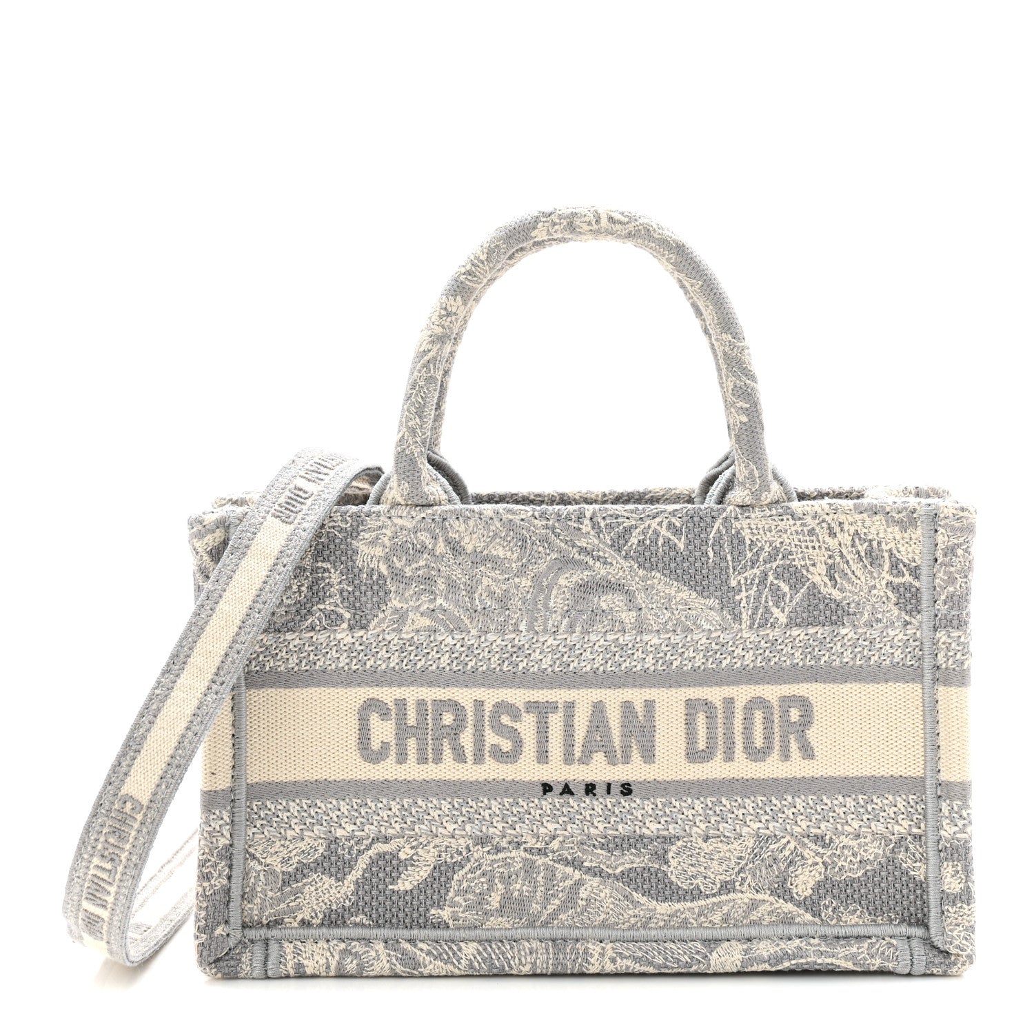 Christian Dior Canvas Embroidered Toile De Jouy Reverse Mini Book Tote With Strap Grey 1 of 11